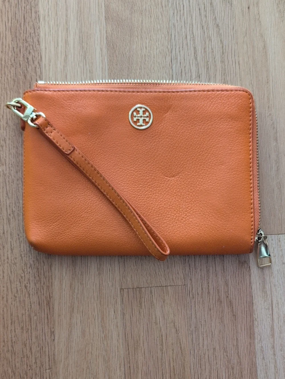 Tory Burch Orange Leather Wristlet Clutch with Gold Logo